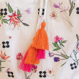 Floral And Stripe Mixed Tassle Front Top: Ivory