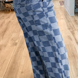 Solid Color Checkered Denim Wide Leg Jeans