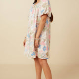 Girls Floral Puff Sleeve Foiled Dress
