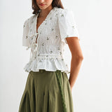 Embroidered Cotton Peplum Blouse with Pleats