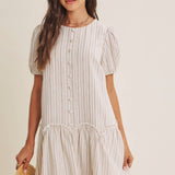 Breeze Stripe Puff Sleeve Mini Dress With Faux Buttons: Latte