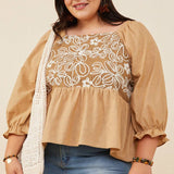 Womens Floral Embroidered Mix Media Peplum Top