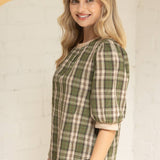 Suede Accent Banded Crinkled Plaid Top