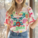 Ralley Ruffled V Neck Floral Embroidery Top