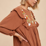 Embroidered Ruffle Shoulder Blouse - Olive