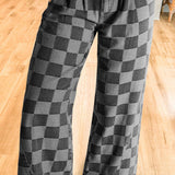 Solid Color Checkered Denim Wide Leg Jeans