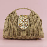 Beaded Flap Straw Top Handle Satchel Bag