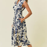 Paisley V-Neck Smocked Waist Front Zip Midi Dress | Blue