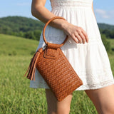 Faux Leather Woven Fringe Cuff Handle Clutch Bag: Multiple Colors