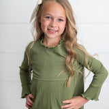 Kids Olive Long Sleeve Lettuce Trim Ribbed Fall Winter Shirt
