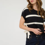 Stripe Side Tie Short Sleeve Knit Sweater