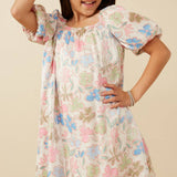 Girls Floral Puff Sleeve Foiled Dress