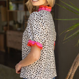 Zelly Double Contrast Ruffle Detailed Animal Printed Knit Blouse