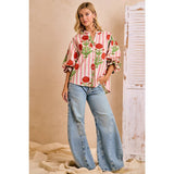 Stripe Flower Printed Woven Bubbled Sleeves Button Blouse