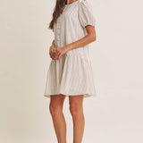Breeze Stripe Puff Sleeve Mini Dress With Faux Buttons: Latte