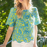 Wavy Embroidered Hem Jaquard Button Down Top