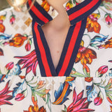 Elastic Stripe V-Neck Floral Woven Print Top