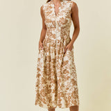 Paisley V-Neck Smocked Waist Front Zip Midi Dress | Taupe