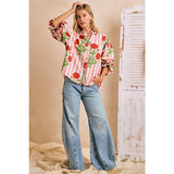 Stripe Flower Printed Woven Bubbled Sleeves Button Blouse