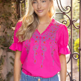 Ruffle Detailed V Neck Floral Embroidered Solid Top