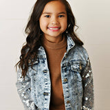 Kids Silver Sequin & Light Wash Denim Button Pocket Jacket
