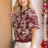 Faye Floral Embroidered Short Bubble Sleeve Blouse