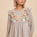 Embroidered Ruffle Shoulder Blouse - Olive
