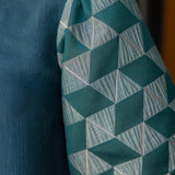 Geometric Jaquard Bubble Sleeve Striped Trim Front Top: Green