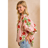 Stripe Flower Printed Woven Bubbled Sleeves Button Blouse