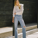 High Rise Distressed Slim Wide Leg Jeans