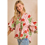 Stripe Flower Printed Woven Bubbled Sleeves Button Blouse