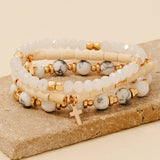 Cross Charm Wood Stone And Glass Beaded Bracelet Set