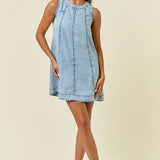 Chambray Round Neckline Sleeveless A-Line Mini Dress