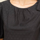 Shoulder Bow Detail Solid Eyelet Knit Top