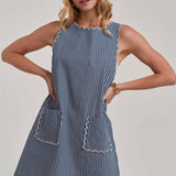 Sleeveless Stripe Denim Mini Dress with Scalloped Embroidery