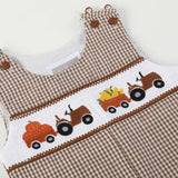 Brown Gingham Pumpkin and Corn Tractor Smocked Overalls