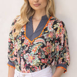 Suzanne Wavy Trim Detailed Floral Stripe Mixed Blouse