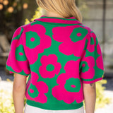 V-Collared Ribbed Floral Knit Top
