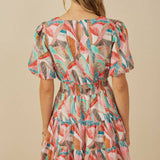 Womens Abstract Botanical Smocked Cotton Linen Dress