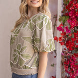 Cara Contrast Band Detailed Floral Embroidery Blouse