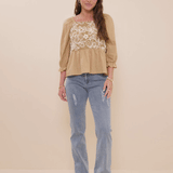 Womens Floral Embroidered Mix Media Peplum Top
