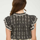 Stripe Floral Pattern Tie Front Ruffle Top