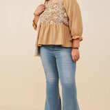 Womens Floral Embroidered Mix Media Peplum Top