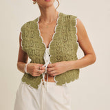 Seasonless Endlessly versatile Crochet Scallop Edge Sweater: Matcha
