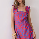 Ruffle Strap Geometric Print Midi Dress