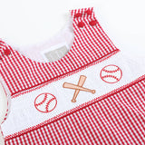 Red Gingham Baseball Smocked Shortalls