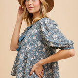 Bow Accent Floral Top - Deep Sea Blue