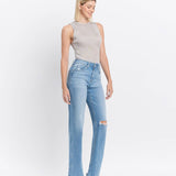 High Rise Distressed Slim Wide Leg Jeans