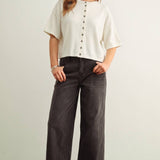 Button Down Round Neck Half Sleeve Top
