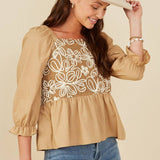 Womens Floral Embroidered Mix Media Peplum Top